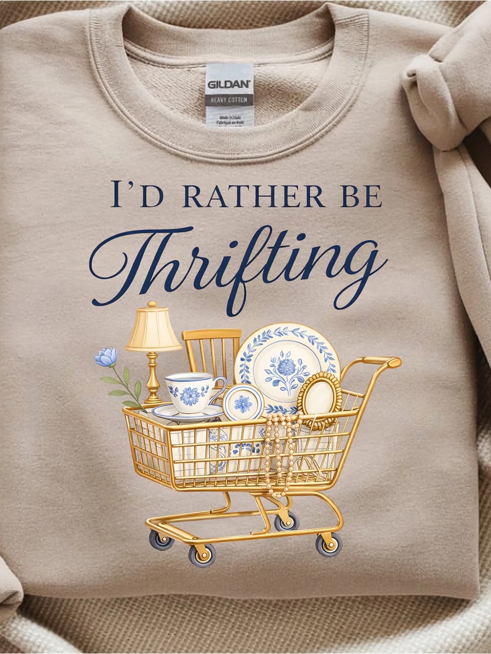 Gildan Beige Tee with Navy Script and Gold Cart Graphic
